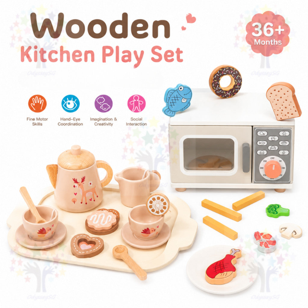 Wooden Kitchen Pretend Play Toy Set - Montessori Play Tea Set Microwave Coffee Breakfast Set