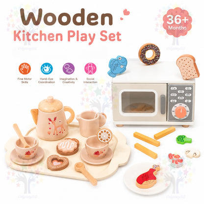 Wooden Kitchen Pretend Play Toy Set - Montessori Play Tea Set Microwave Coffee Breakfast Set