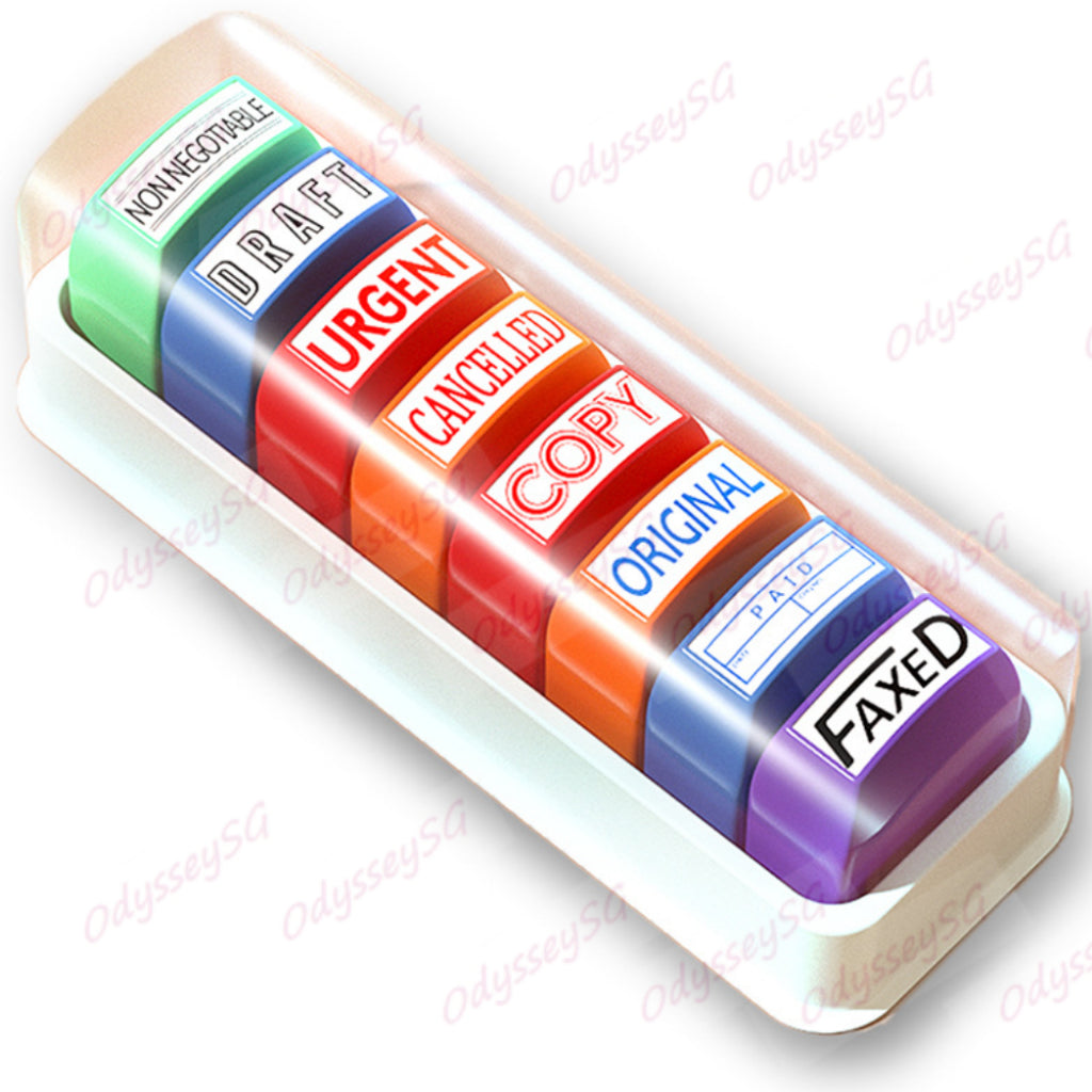 Self Inking Office Stamp Set 8PC Set with Storage Tray – Business Rubber Stamps - Preinked