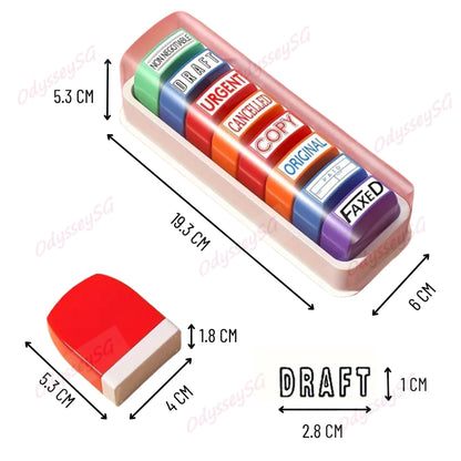 Self Inking Office Stamp Set 8PC Set with Storage Tray – Business Rubber Stamps - Preinked