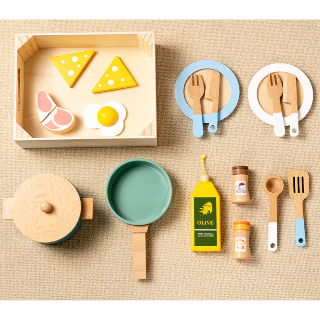 Wooden Kitchen Pretend Play Toy Set - Montessori Play Tea Set Microwave Coffee Breakfast Set