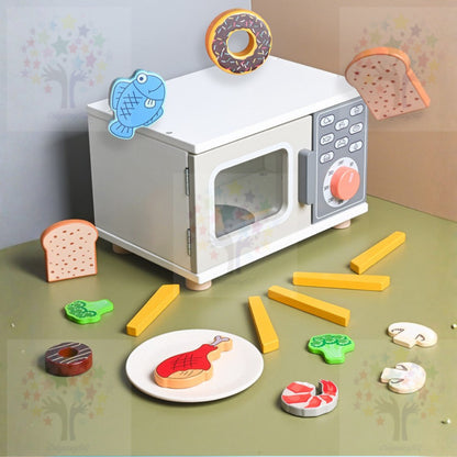 Wooden Kitchen Pretend Play Toy Set - Montessori Play Tea Set Microwave Coffee Breakfast Set