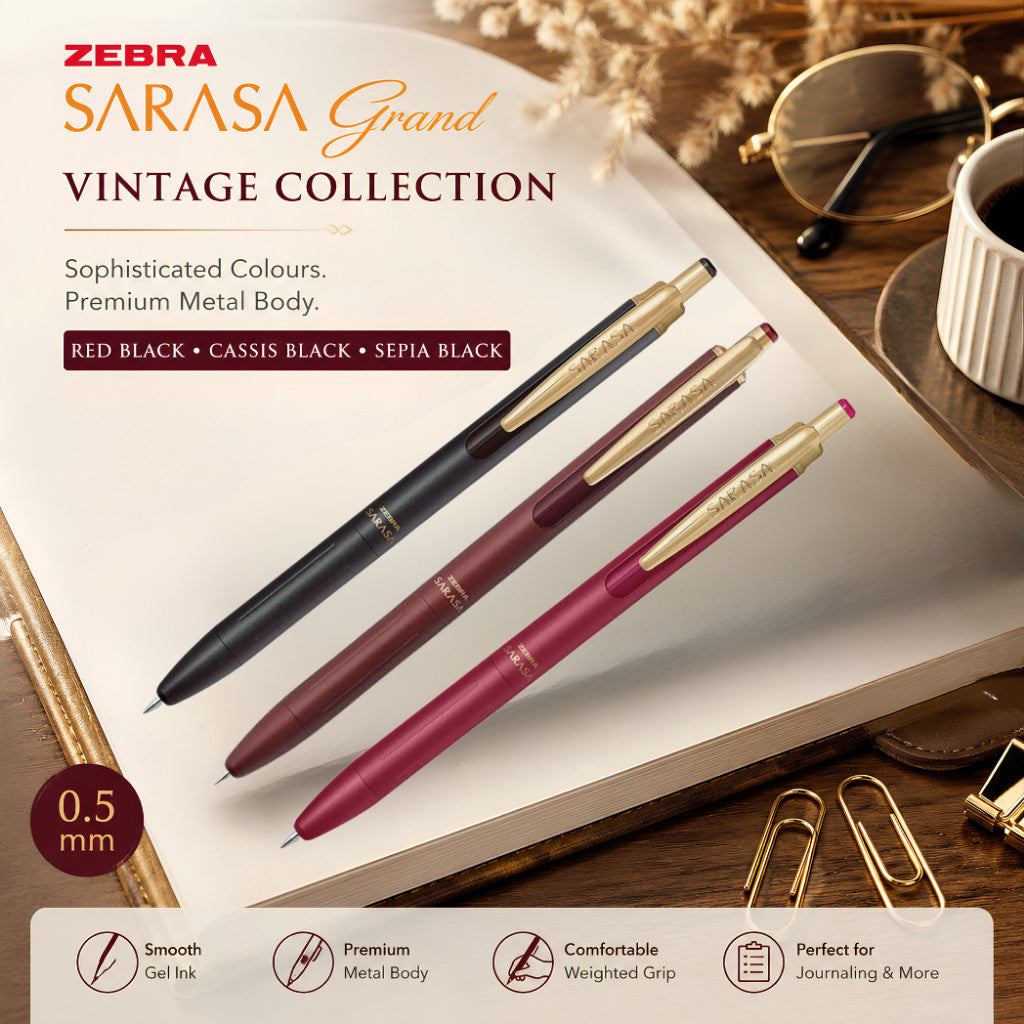 Zebra Sarasa Grand Vintage Gel Pen 0.5mm – Red Black | Cassis Black | Sepia Black | Premium Metal Body