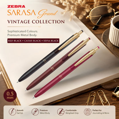 Zebra Sarasa Grand Vintage Gel Pen 0.5mm – Red Black | Cassis Black | Sepia Black | Premium Metal Body