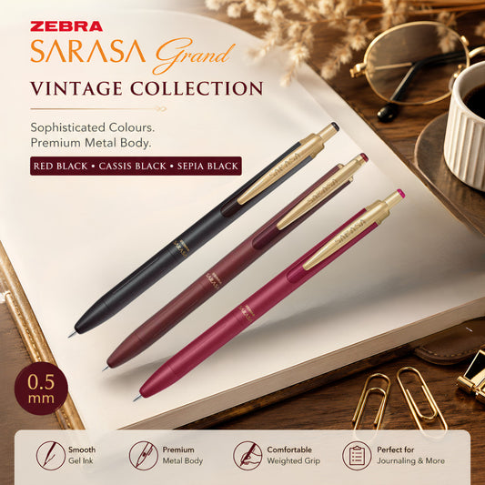 Zebra Sarasa Grand Vintage Gel Pen 0.5mm – Red Black | Cassis Black | Sepia Black | Premium Metal Body