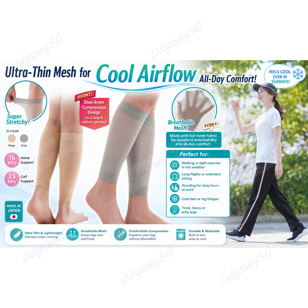 CERVIN Made in Japan Ultra-Thin Mesh Calf Compression Sleeves (1 Pair) | Breathable Leg Support | Travel Work Walk