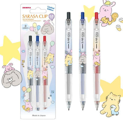 Zebra Sarasa Clip Limited Edition - Sleeping Animals 3 Pc Pen Set  - 0.5mm- Black | Blue | Red Pen