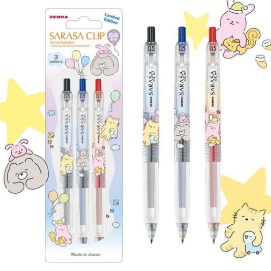 Zebra Sarasa Clip Limited Edition - Sleeping Animals 3 Pc Pen Set  - 0.5mm- Black | Blue | Red Pen