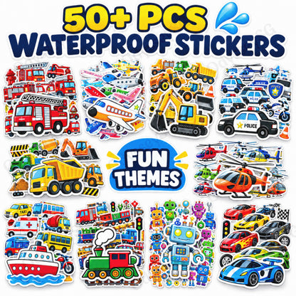 50+ PCS Waterproof Stickers Fun Themes Vehicle Transport Plane Car Truck Cartoon Stickers | Children Gift