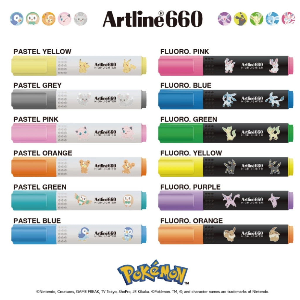 Artline Pokemon Highlighters - Artline 660 - PIkachu Eevee Sylveon - Fluorescent Paster Color