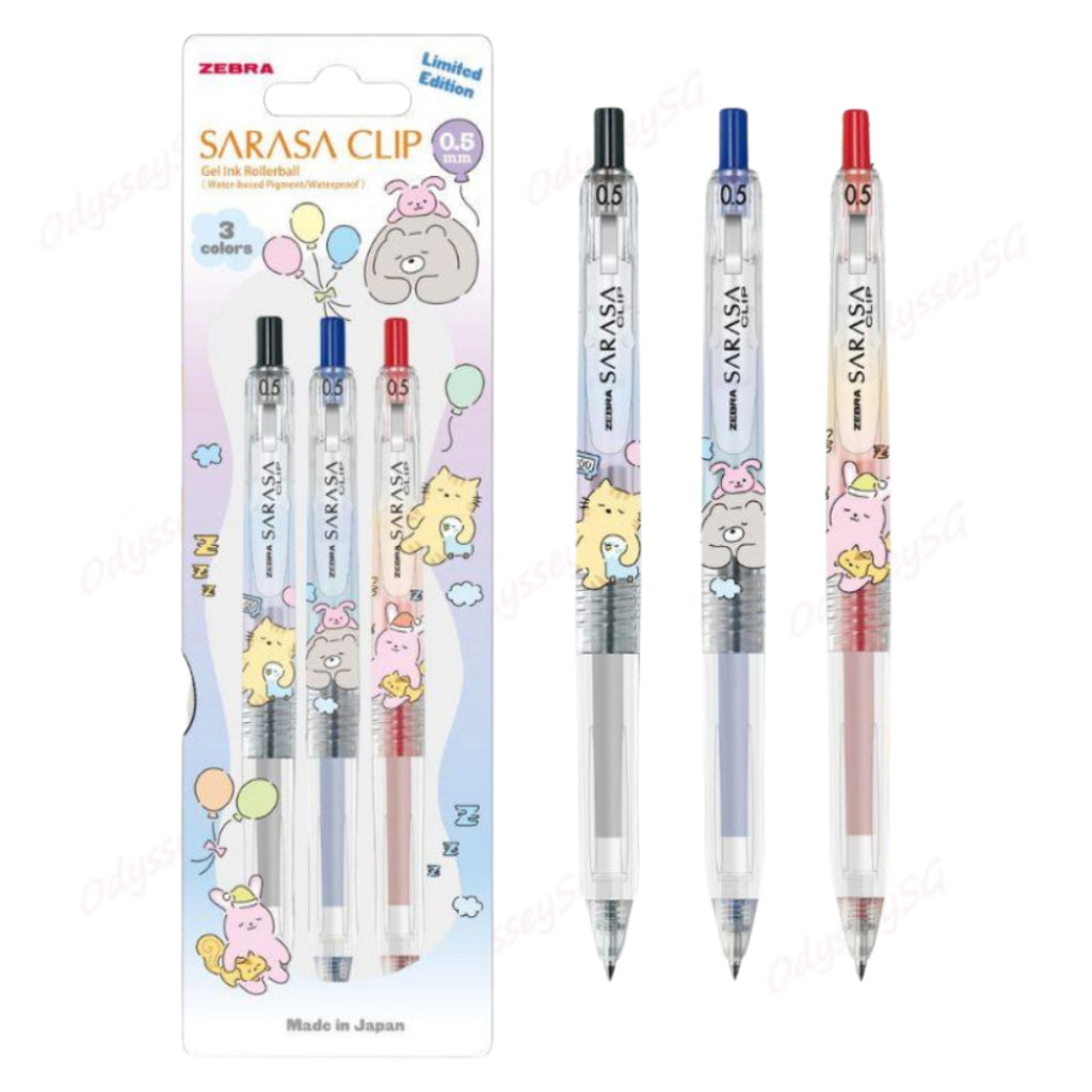 Zebra Sarasa Clip Limited Edition - Sleeping Animals 3 Pc Pen Set  - 0.5mm- Black | Blue | Red Pen