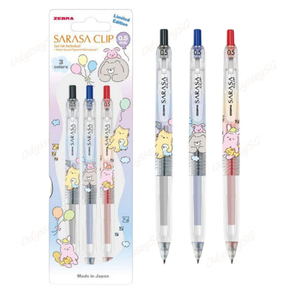 Zebra Sarasa Clip Limited Edition - Sleeping Animals 3 Pc Pen Set  - 0.5mm- Black | Blue | Red Pen