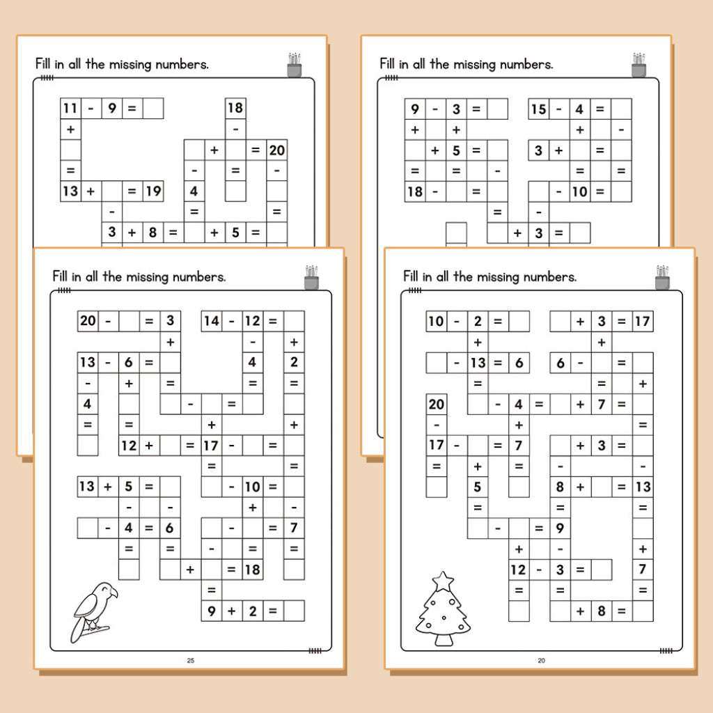 Math Crossword Game Puzzles Worksheet Book | Addition Subtraction | 20 Puzzles - 32 Pages