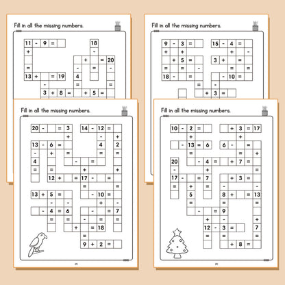 Math Crossword Game Puzzles Worksheet Book | Addition Subtraction | 20 Puzzles - 32 Pages