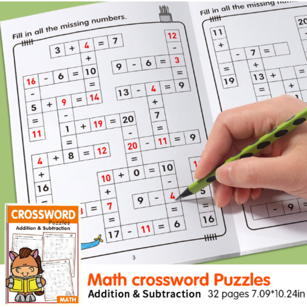 Math Crossword Game Puzzles Worksheet Book | Addition Subtraction | 20 Puzzles - 32 Pages